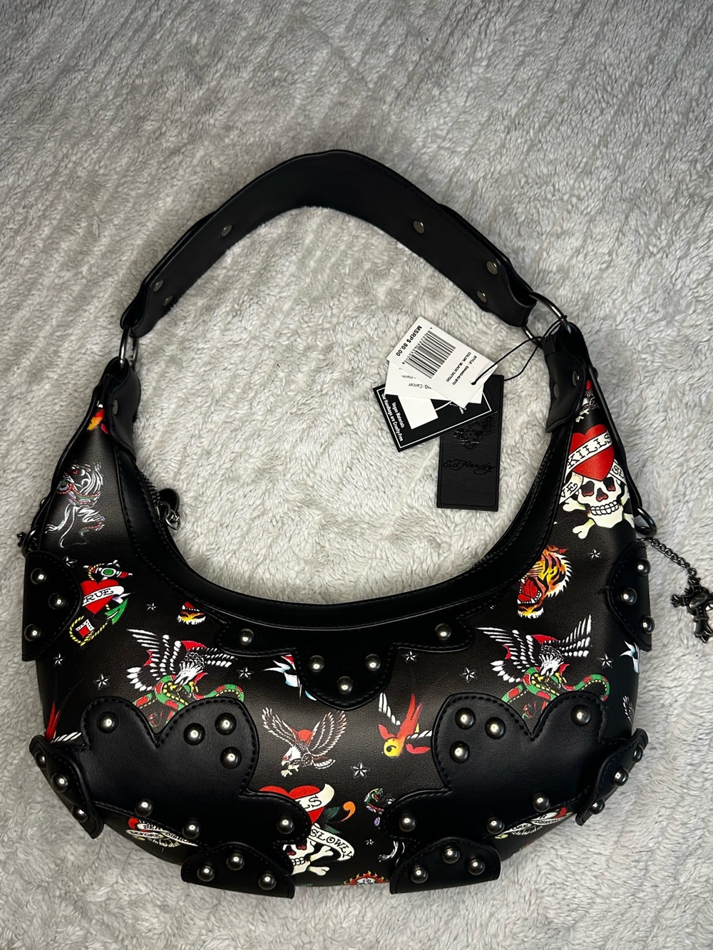 Ed hardy Black Studded Tattoo-Print Shoulder Bag